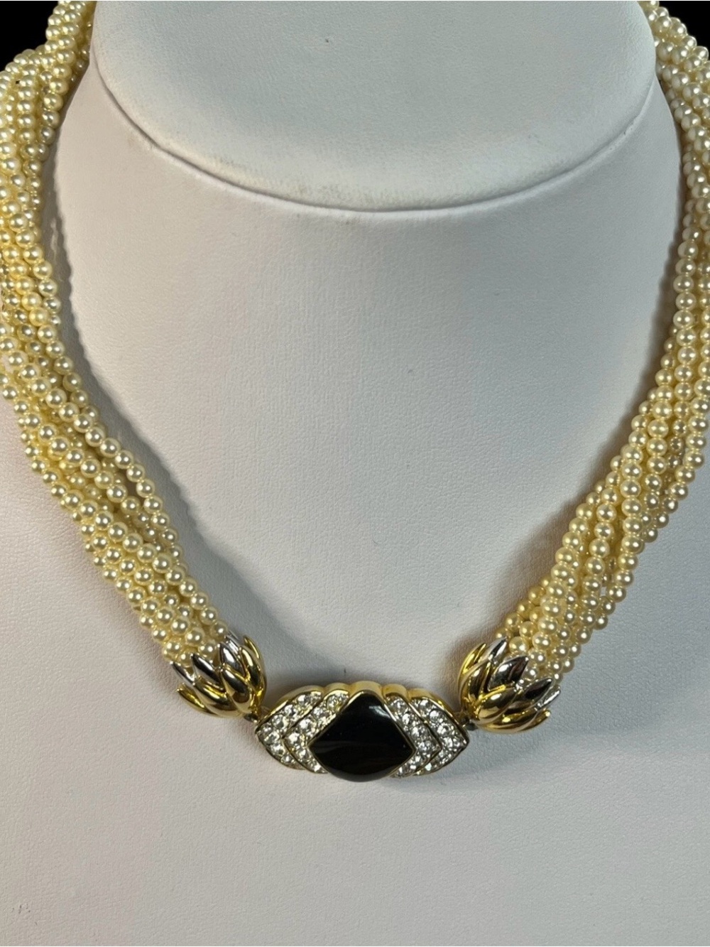 Vintage Multi-Strand Faux  Pearl Necklace with Black Enamel front clasp Necklace